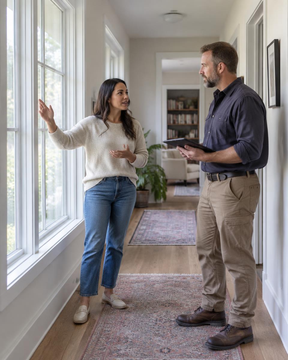 A homeowner discussing window improvements with a home professional